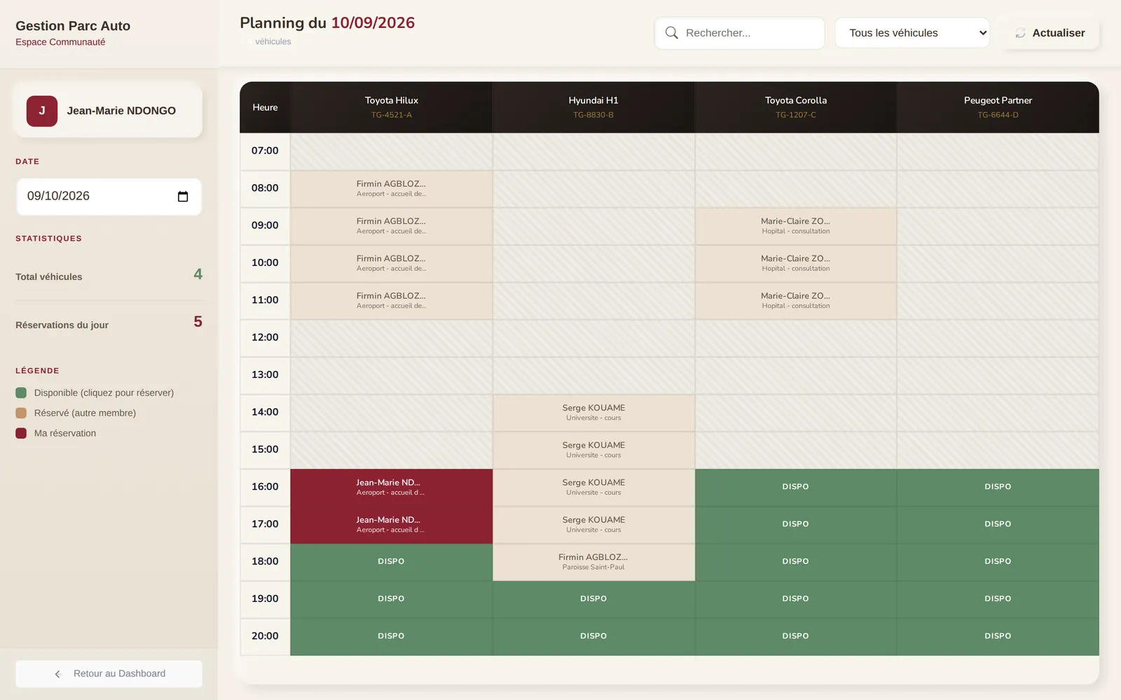 Shared vehicle planner: an hour-by-hour grid of four community cars with slots coloured as available, booked by another member, or the current user's own reservation.