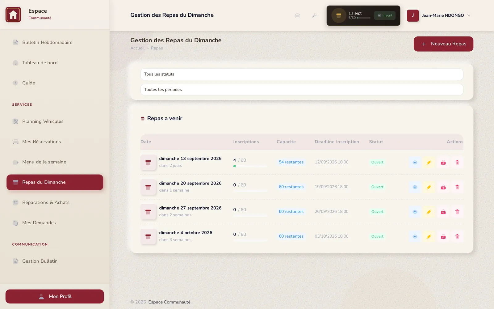 Sunday meal management: the four upcoming meals generated automatically, each with sign-up count, capacity, deadline and status.