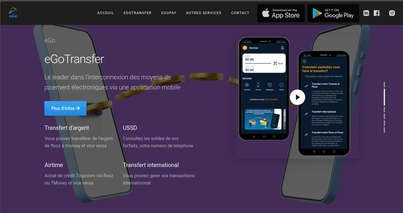 The eGoTransfer section: heading 'eGoTransfer', the tagline 'Le leader dans l'interconnexion des moyens de paiement électroniques via une application mobile', four cards ('Transfert d'argent', 'USSD', 'Airtime', 'Transfert international') and app screen mockups floating between two phones with a stream of coins.