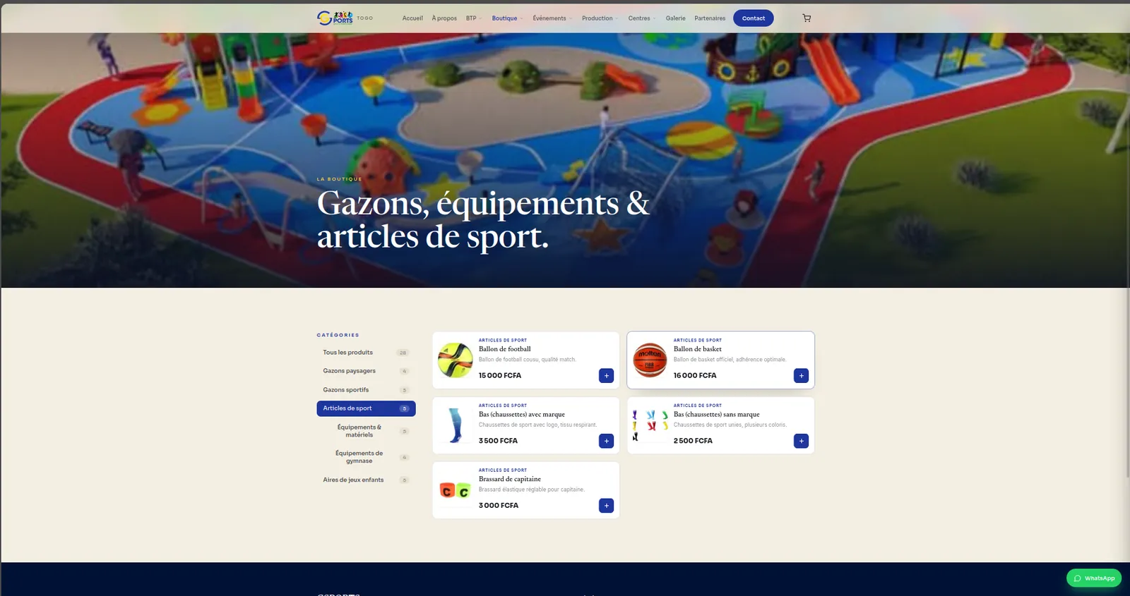 The shop page: sidebar of product categories with counts, and a grid of product cards (footballs, socks, captain's armband) priced in FCFA.