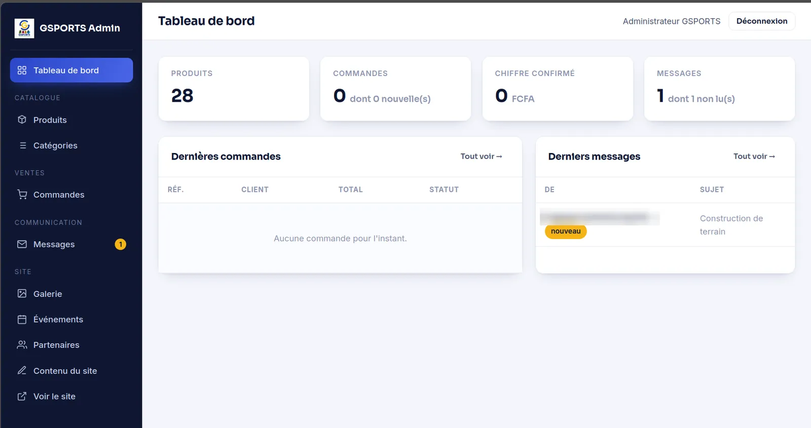 The custom back-office dashboard: counters for products, orders, confirmed revenue and messages, plus the latest orders and messages.