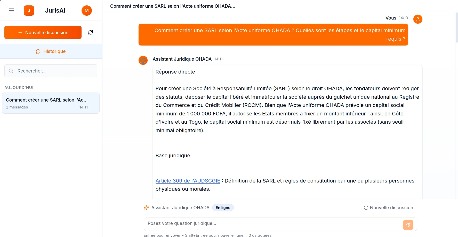 L'interface de chat d'Inikwe avec une vraie conversation sur la création d'une SARL selon le droit OHADA, avec une réponse structurée citant l'article 309 de l'AUDSCGIE.