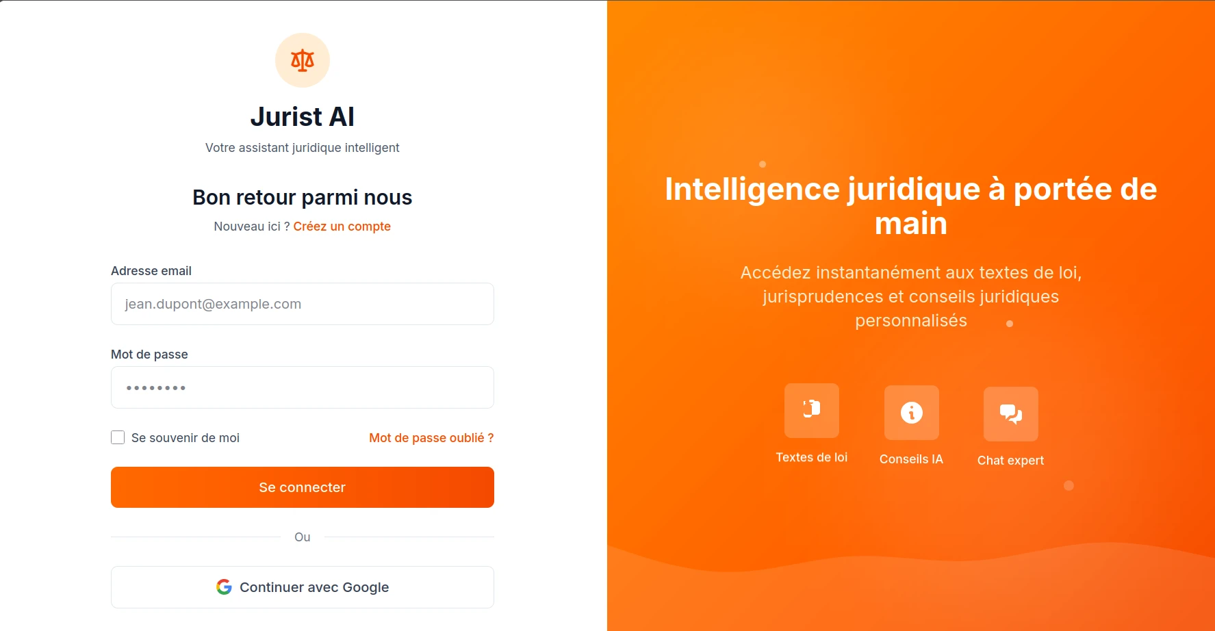 L'écran de connexion d'Inikwe, en deux panneaux, avec l'identité « Jurist AI » et un panneau animé mettant en avant les textes de loi, les conseils IA et le chat expert.