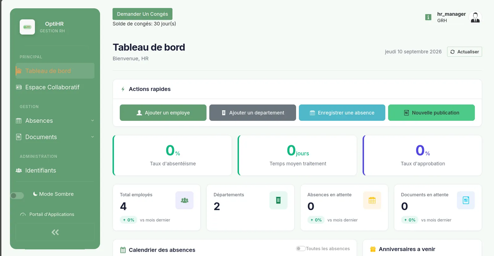 The HR dashboard in OptiRH, logged in as HR: quick actions, absenteeism / processing-time / approval-rate figures, and counters for staff, departments and pending absence and document requests.