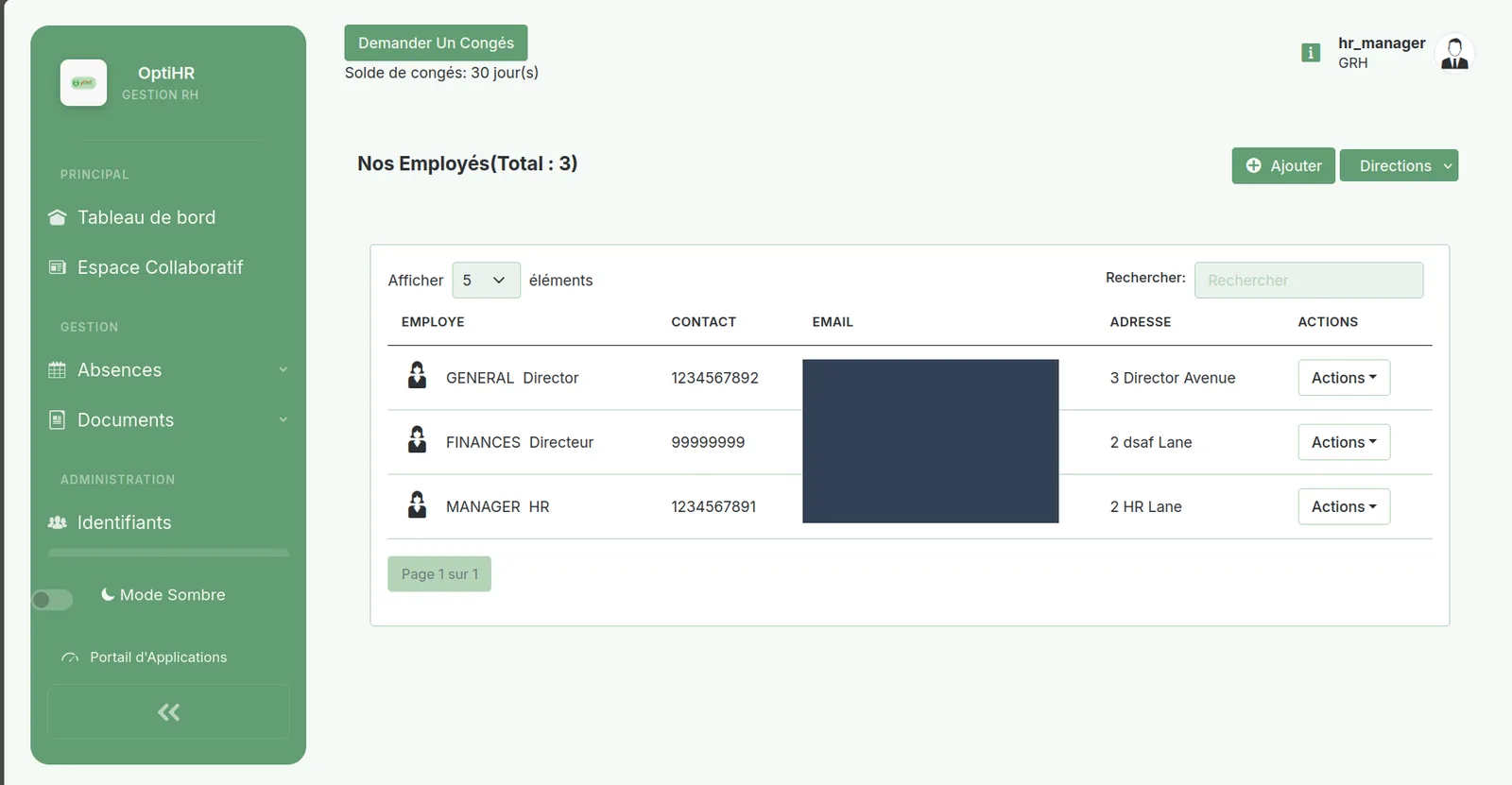 The staff register: a searchable, paginated employee table with contact, email and address columns and a per-row actions menu (email addresses redacted).
