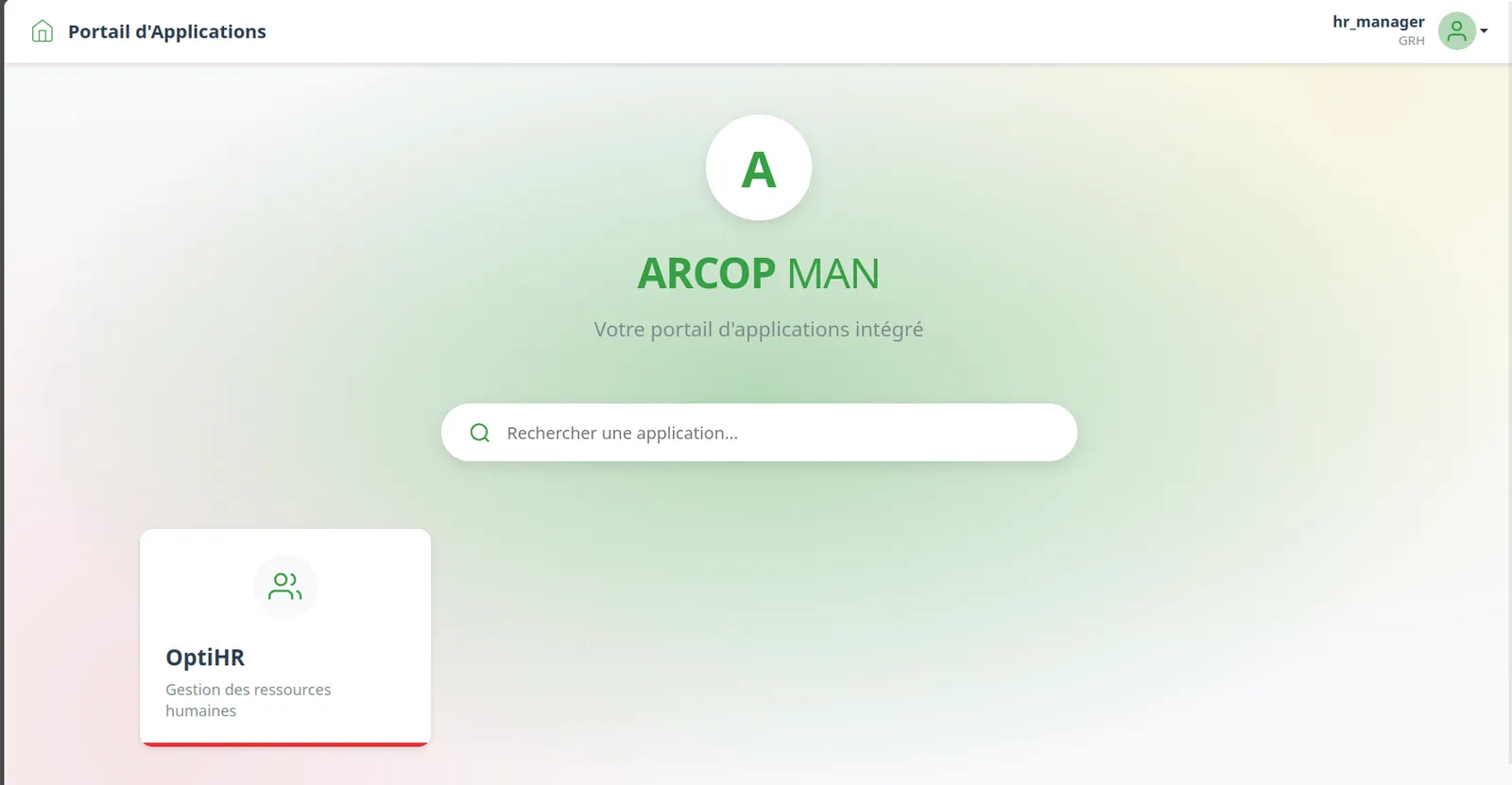The ARCOP application portal shown after login, with a search field and the OptiHR ("Gestion des ressources humaines") app tile.