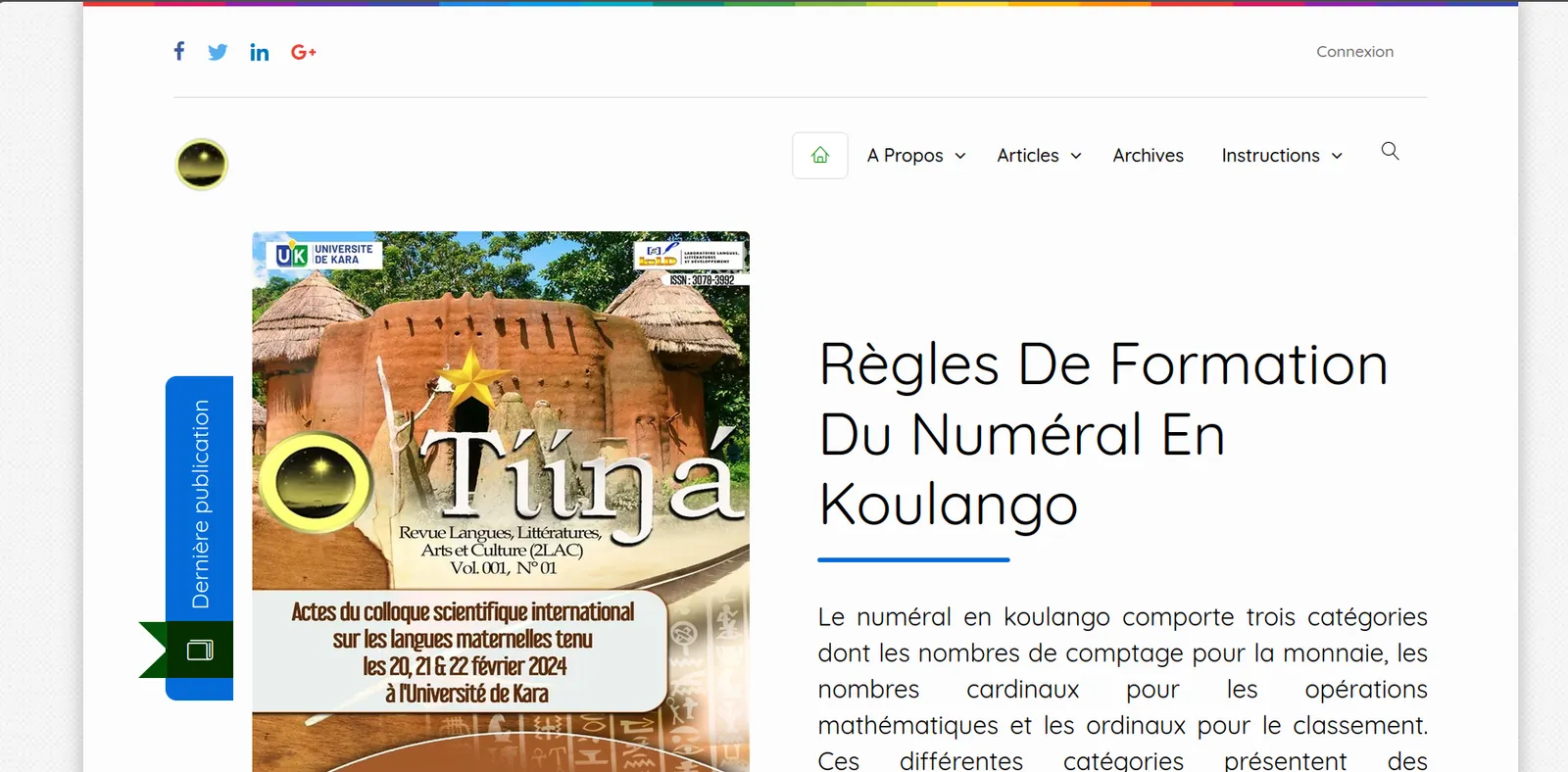 Homepage of the Tɩ́ɩ́ŋá journal: top navigation (A Propos, Articles, Archives, Instructions), the cover of issue vol. 001 no. 01 with University of Kara branding, and next to it the title of the latest published article.