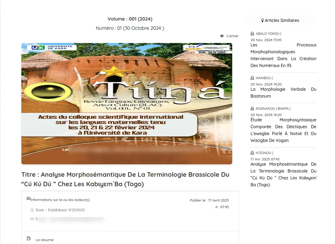 Article page of the Tɩ́ɩ́ŋá journal: volume 001 (2024), issue 01, the issue cover, the article title, the author block (name, publication date) and the start of the abstract, with a list of related articles in the right column.