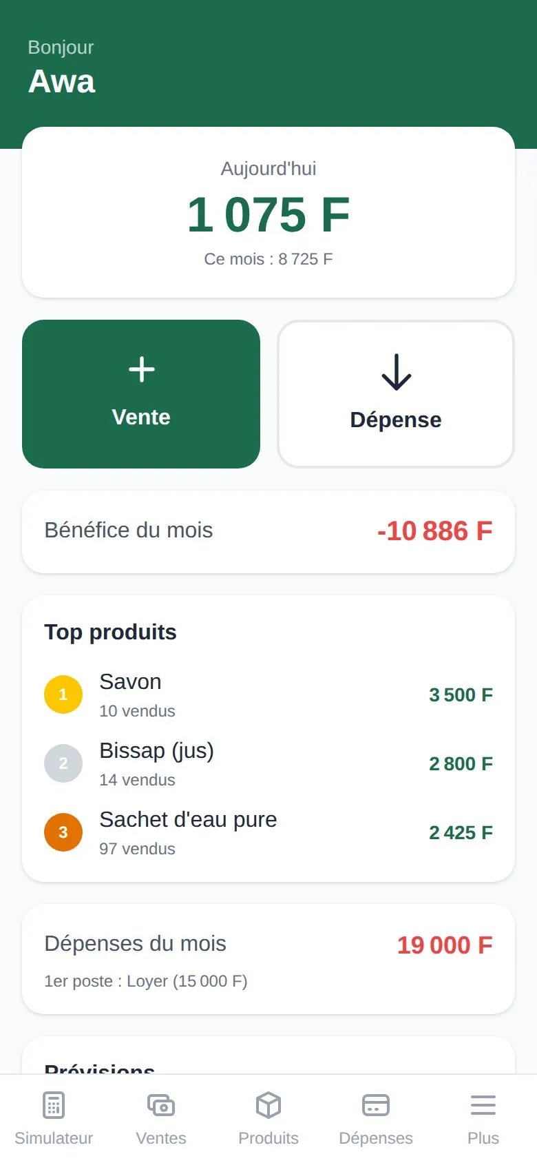 Le tableau de bord de Tchona sur un téléphone : « Bonjour Awa », le chiffre d'affaires du jour à 1 075 F avec « Ce mois : 8 725 F » en dessous, les boutons « Vente » et « Dépense », une carte « Bénéfice du mois » affichant -10 886 F en rouge, une liste « Top produits » (Savon, Bissap, Sachet d'eau pure), et une carte « Dépenses du mois » à 19 000 F avec le Loyer en premier poste.